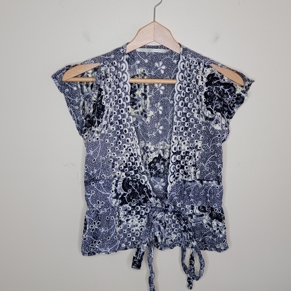 Twelfth Street by Cynthia Vincent | Floral Eyelet Tie Front Split Sleeve Top - Picture 1 of 7